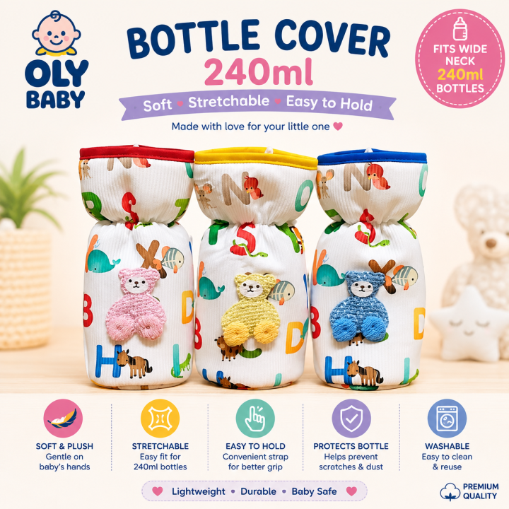 Oly Baby Bottle Cover for Wide Neck 240ml Feeding Bottles – Soft Plush Stretchable Baby Feeding Bottle Cover with Easy-to-Hold Strap (Multicolor)
